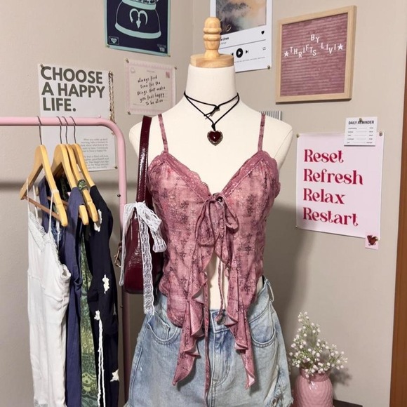 Cider Tops - Cider Purple Mesh Ruffle Tie Tank Top Asymmetrical Fairy Size Medium Festival